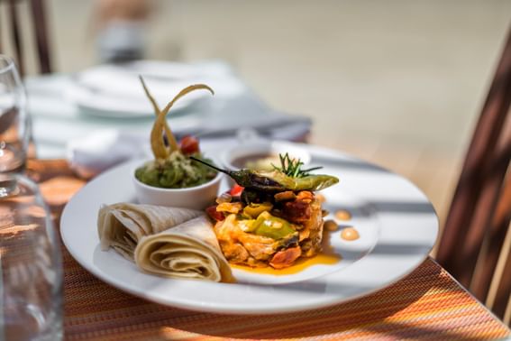 Close-up of meal served with shawarma in Sunset Restaurant at Buenaventura Grand Hotel and Spa