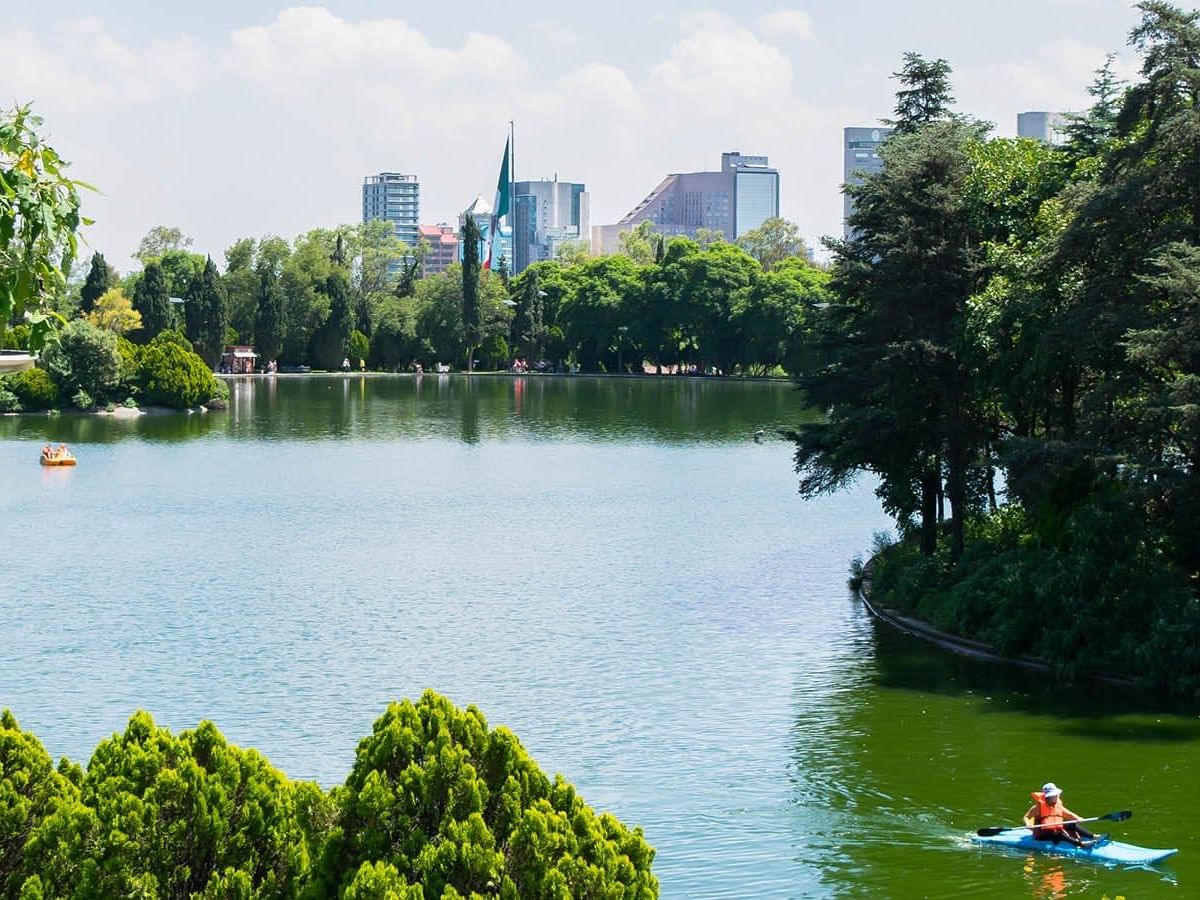 Distant view of the lake beside the Chapultepec Forest near One Hotels