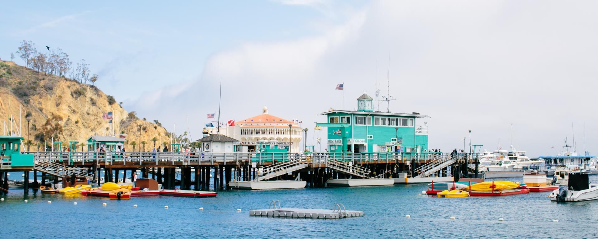 Panoramic view of Green Pleasure Pier and stationed boats at Catalina Island