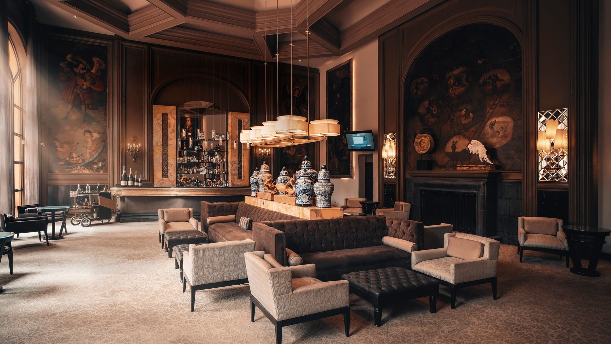 Grand, elegantly designed hotel lobby lounge area at Quinta Real Monterrey hotel