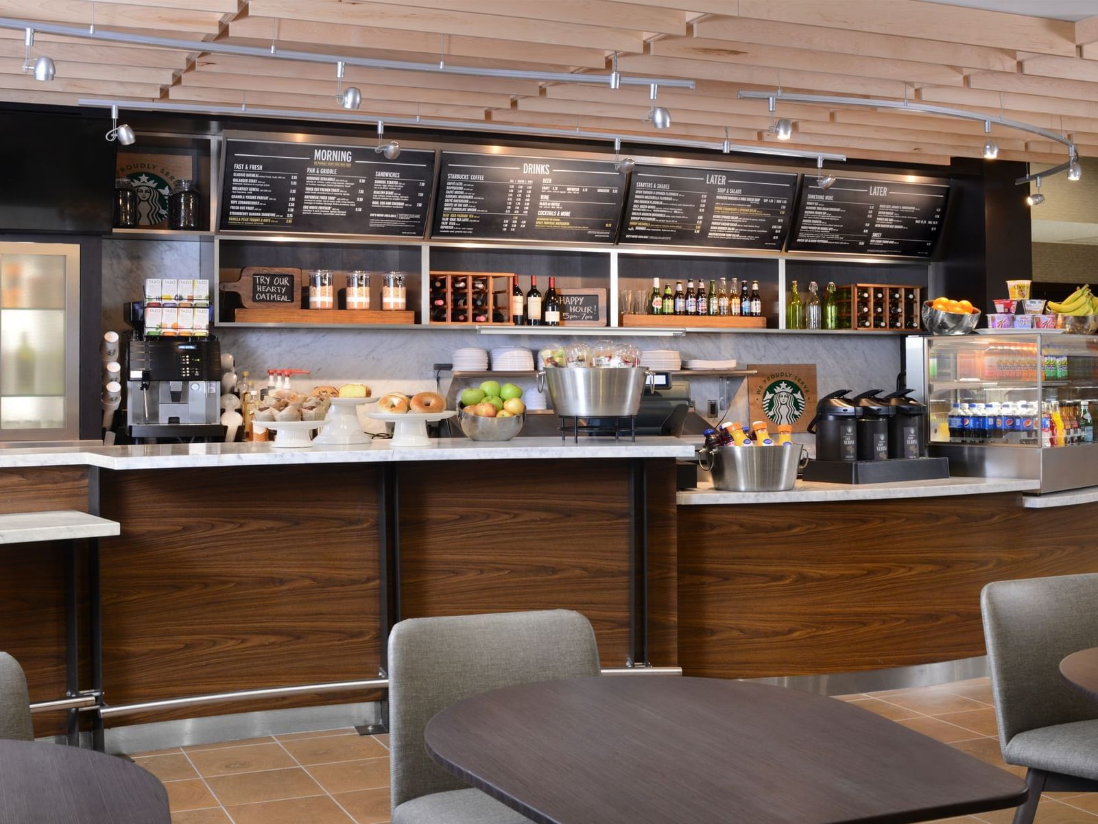 hotel café with coffee, wine and assorted