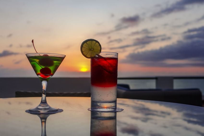 Close-up of cocktails served in Sky Bar Lounge at Plaza Pelicanos Grand Beach Resort