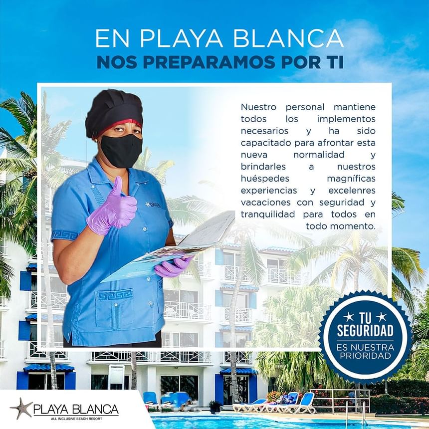 A poster on health and safety at Playa Blanca Beach Resort