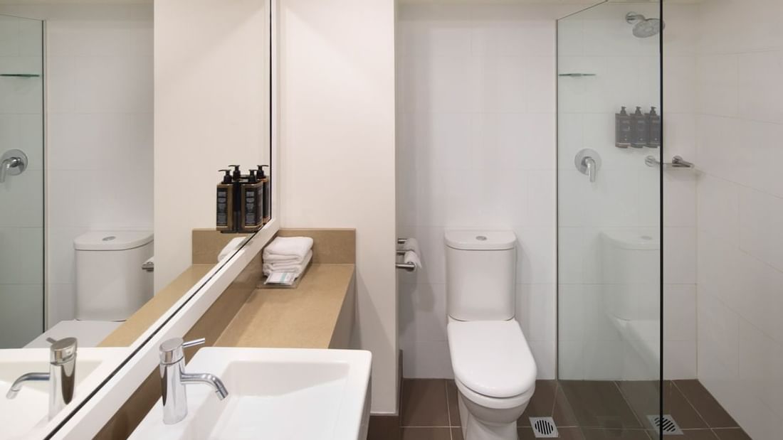 Bathroom with shower in Superior King Room at Mercure Sydney Parramatta