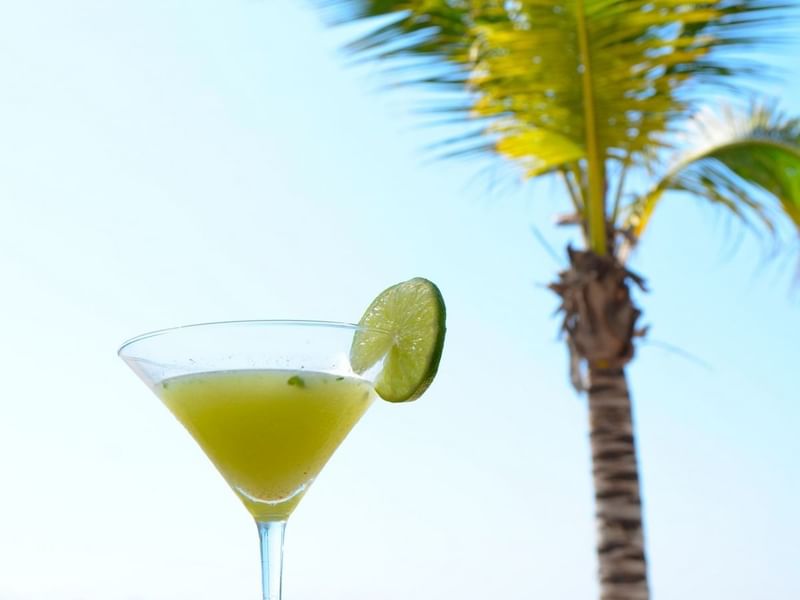 Cocktail with lime on the rim served at Fiesta Americana