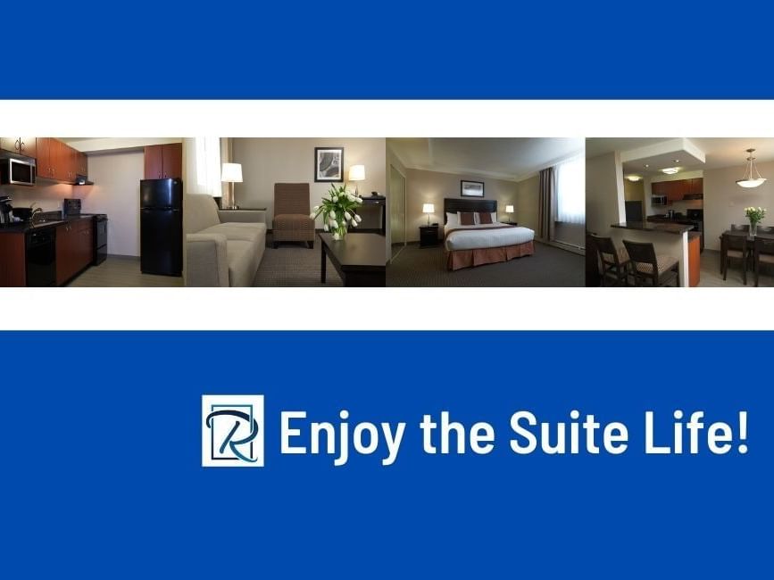 blue image with photos of kitchen, living room, bedroom and dining table