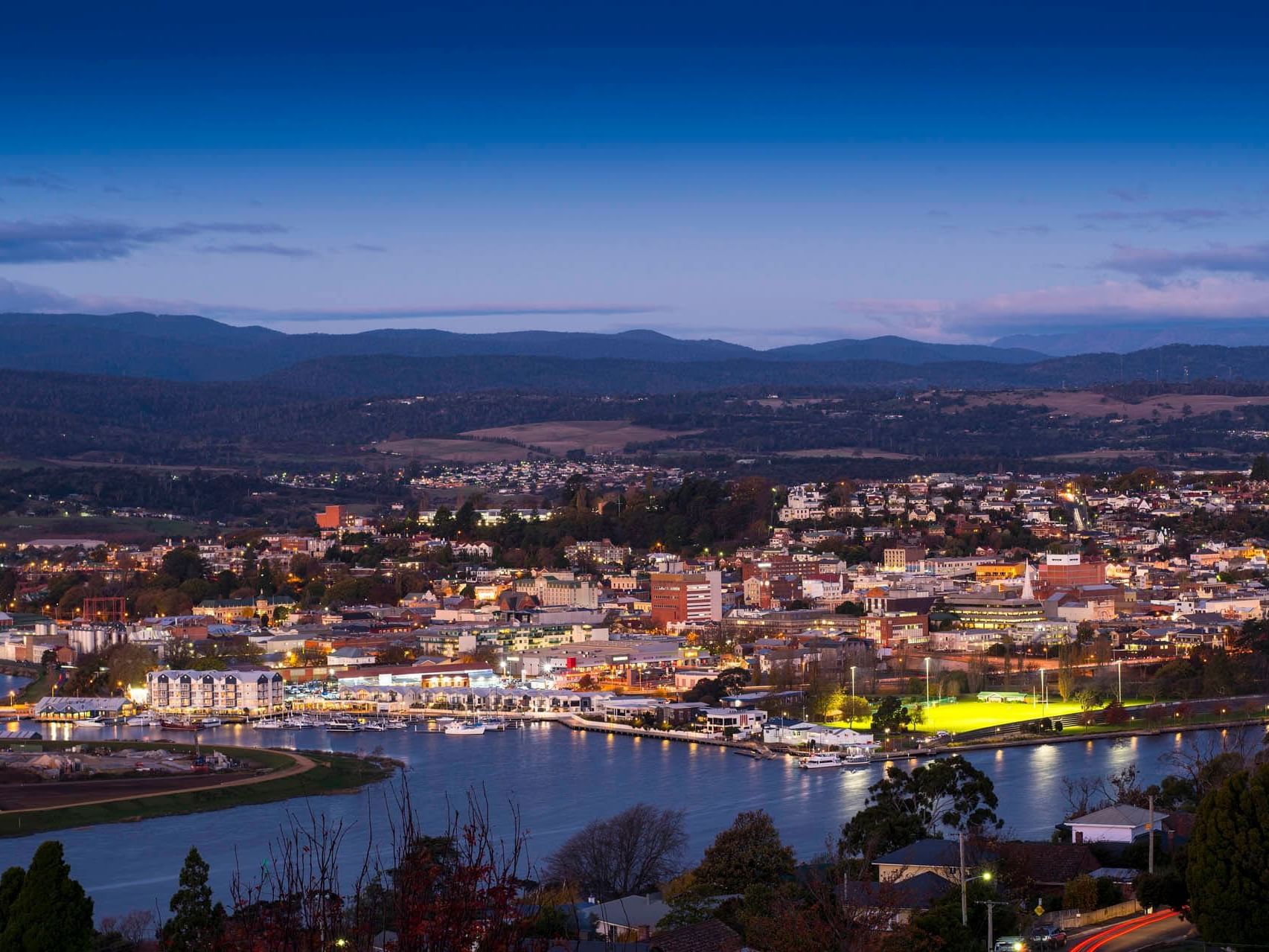 Distance view of the city at night near Grand Chancellor Launceston
