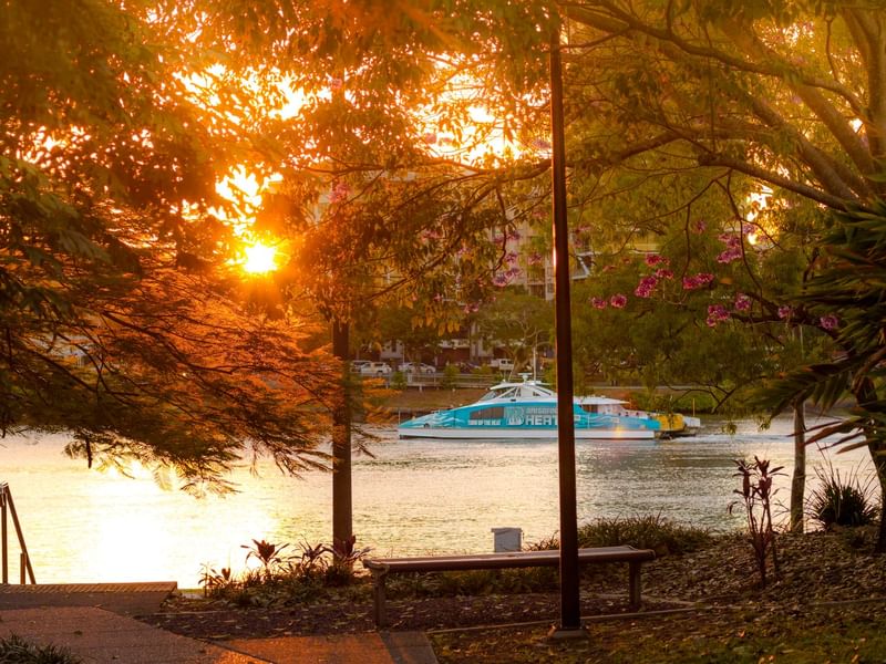 Sunset over a river with a ferry by trees and a bench at West End near Sofitel Brisbane Central