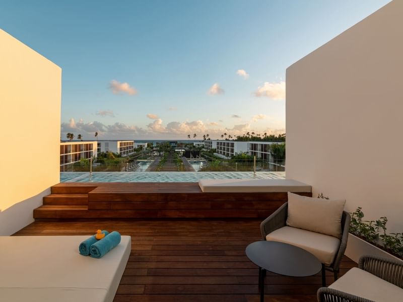 Outdoor terrace and pool in Fuego Suite Ocean View at Live Aqua Private Residences