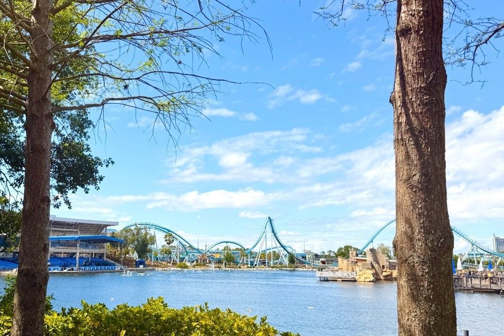 A large lake framed by trees and bushes, and in the distance, several roller coaster tracks and attractions at SeaWorld Orlando rise into the sky.