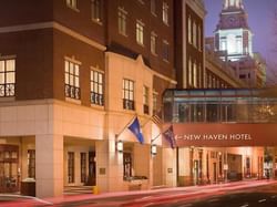 Exterior view of New Haven Hotel at night