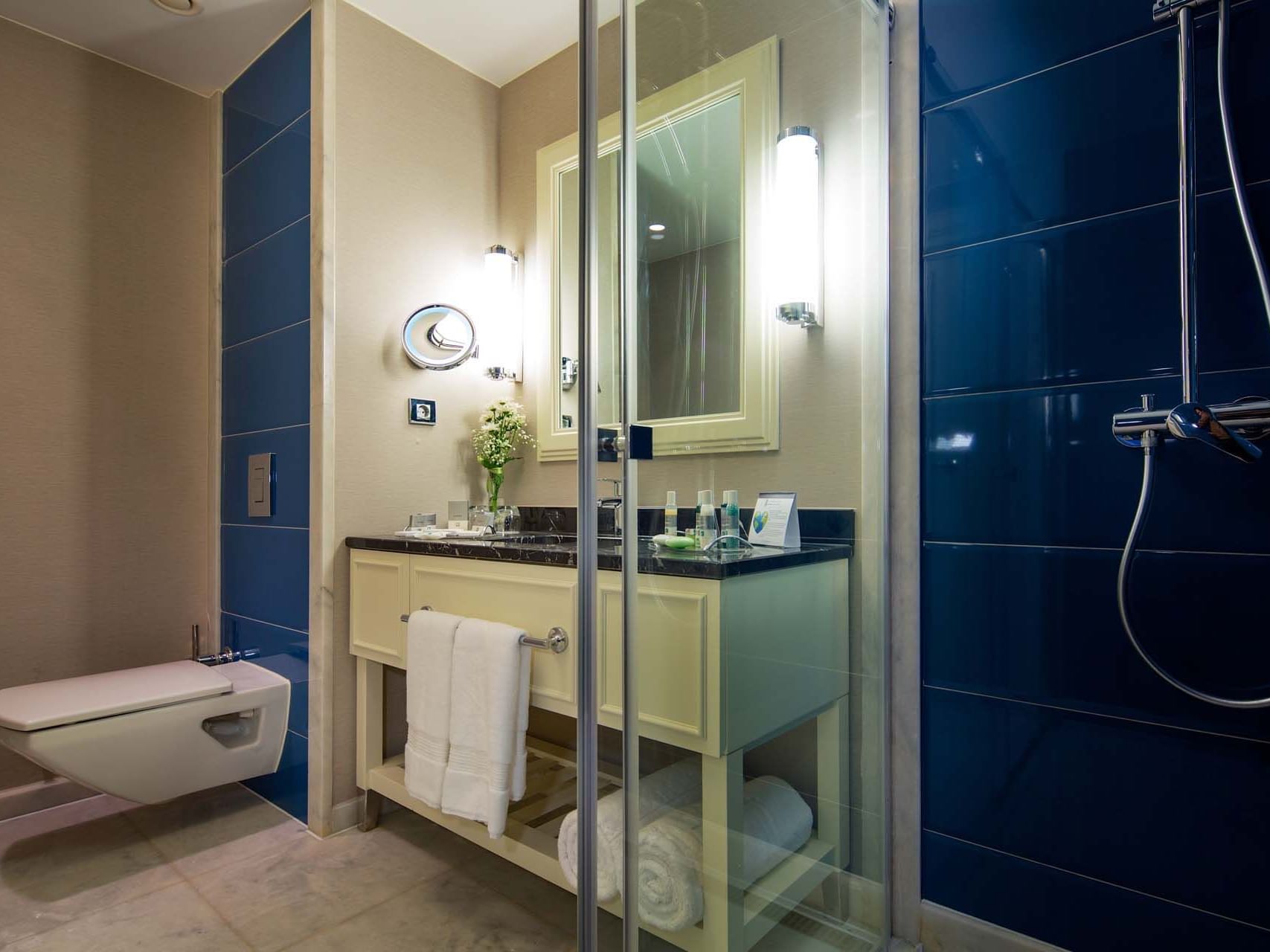 Bathroom with vanity & shower area in Standard Room at Titanic Deluxe Golf Belek