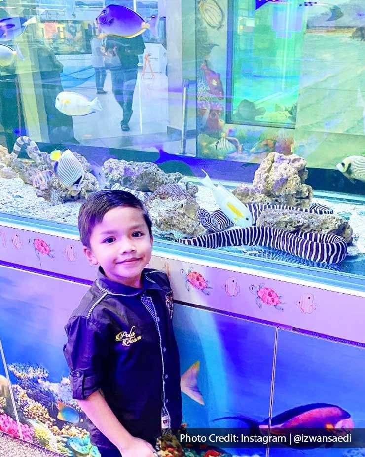 a boy taking picture beside an aquarium