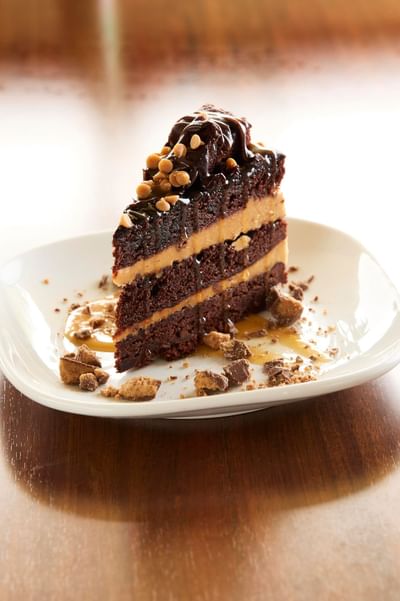 Close-up of caramel chocolate cake at The IowaStater Restaurant