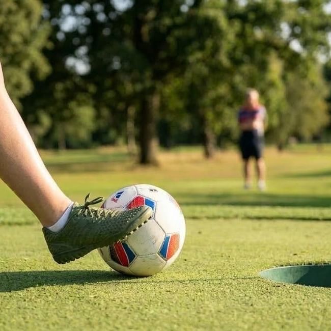Player's foot about to kick a football into a hole at Wokingham Footgolf.