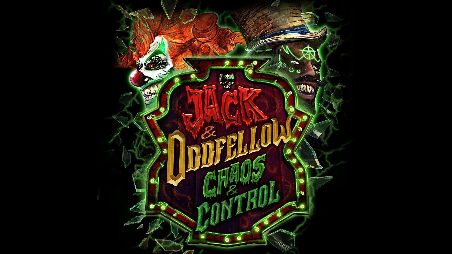 A graphic for the Jack and Oddfellow Chaos and Control Haunted House at HHN 35, with a frightening clown and a voodoo-inspired menace.