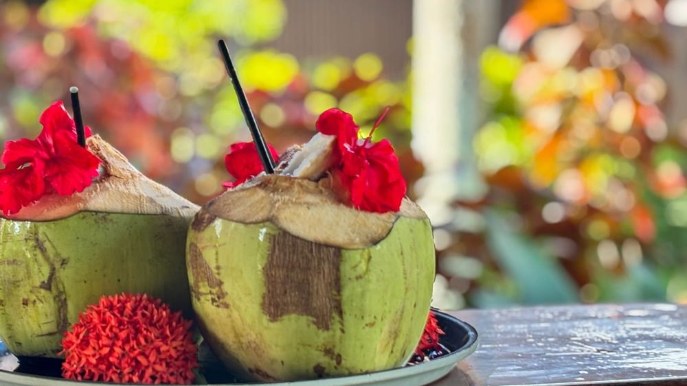 Two coconut drinks with straws and red flowers on a plate at The Naviti Resort in Korolevu.