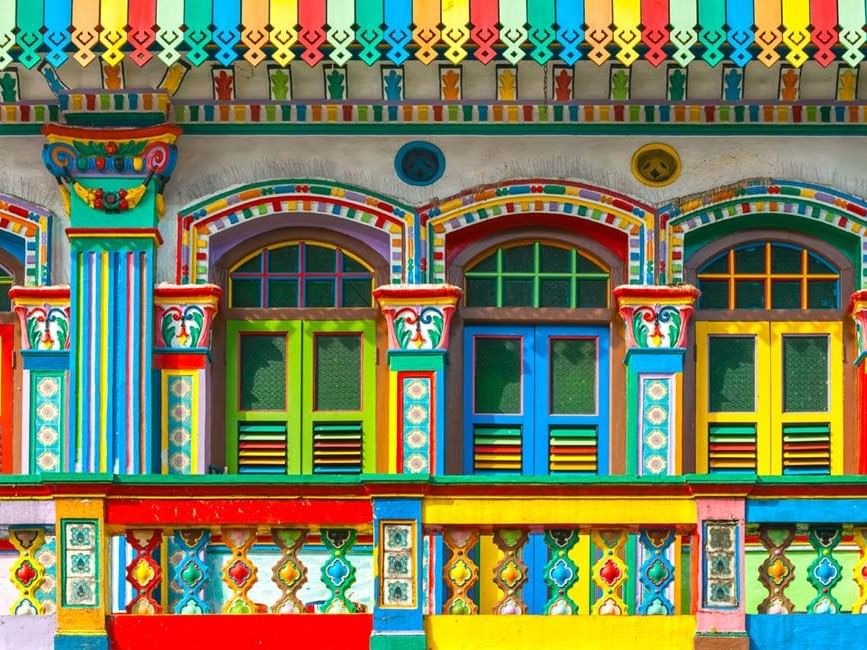 A colorful building in Little India near Goodwood Park Hotel