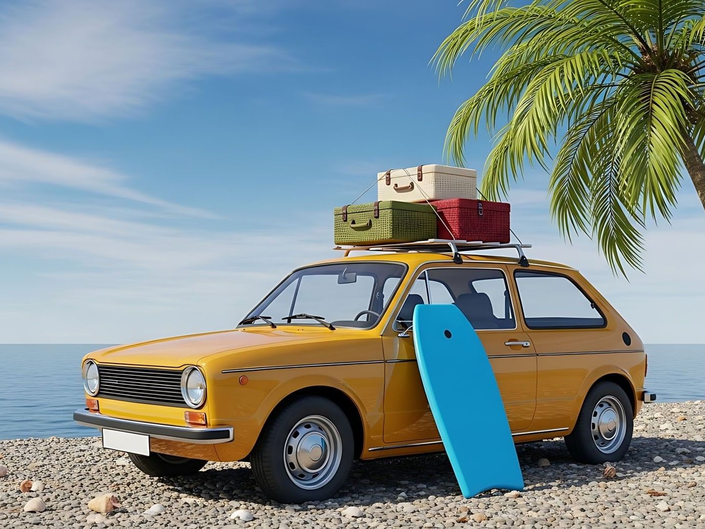 Small yellow vintage car packed with suitcases and a blue boogie board parked on a beach near Tradewinds Apartment Hotel