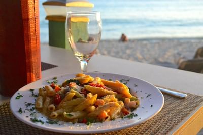 Pasta dish at Emerald Beach Resort, waterfront dining at St. Thomas resort with beach bar and Caribbean restaurant