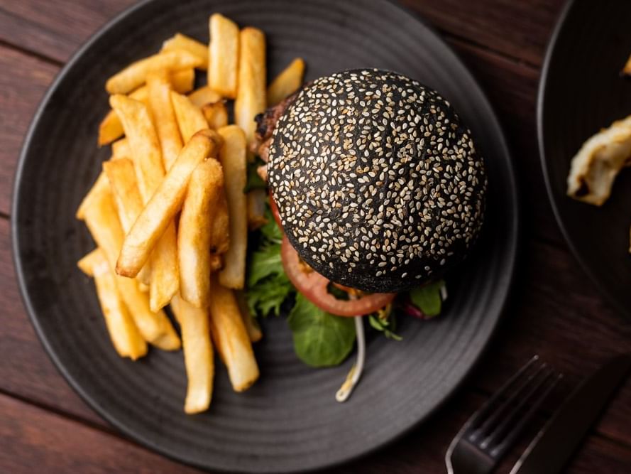 Burger & fries in Hamer's Bar & Bistro at Strahan Village Hotel