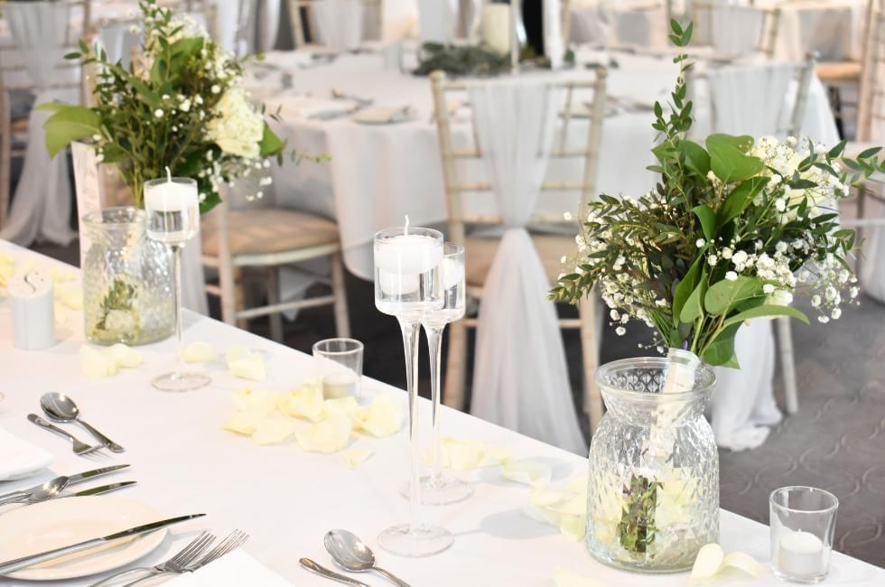 wedding breakfast close up of set up at gorse hill in surrey