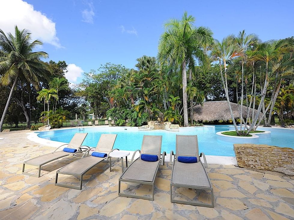 Lounge chairs by the outdoor pool area at Blue JackTar Hotel