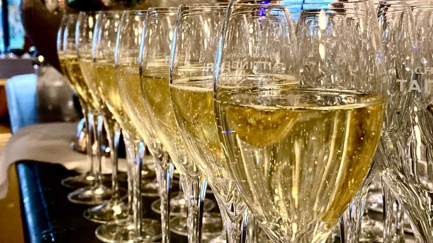 Champagne glasses lined up in The Avenue Restaurant at Hotel Barsey by Warwick - Brussels