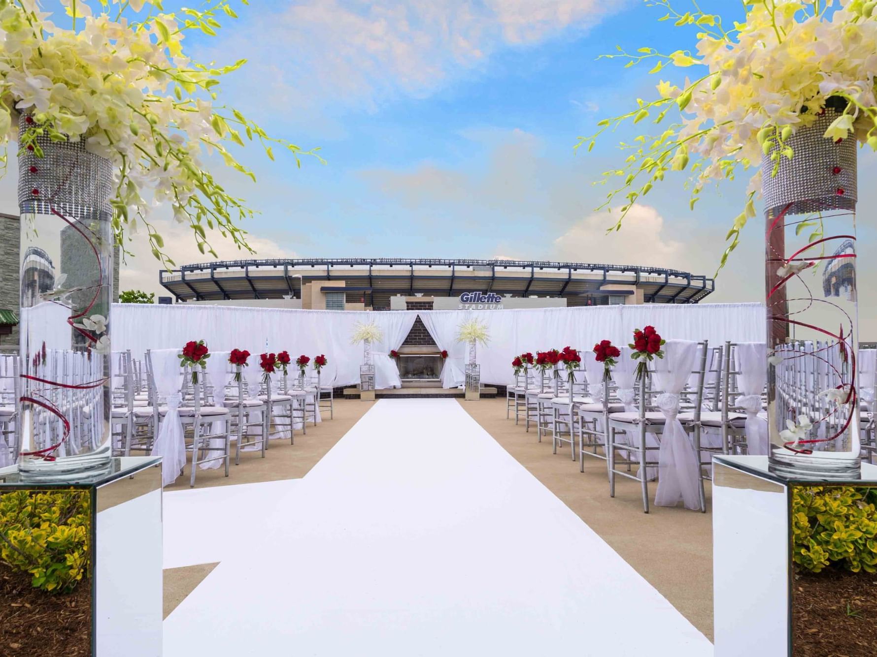 chairs and aisle set for outdoor wedding