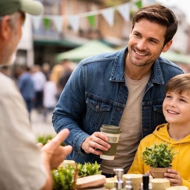 Man talking to boy and father about sustainability at Guildford Green Day