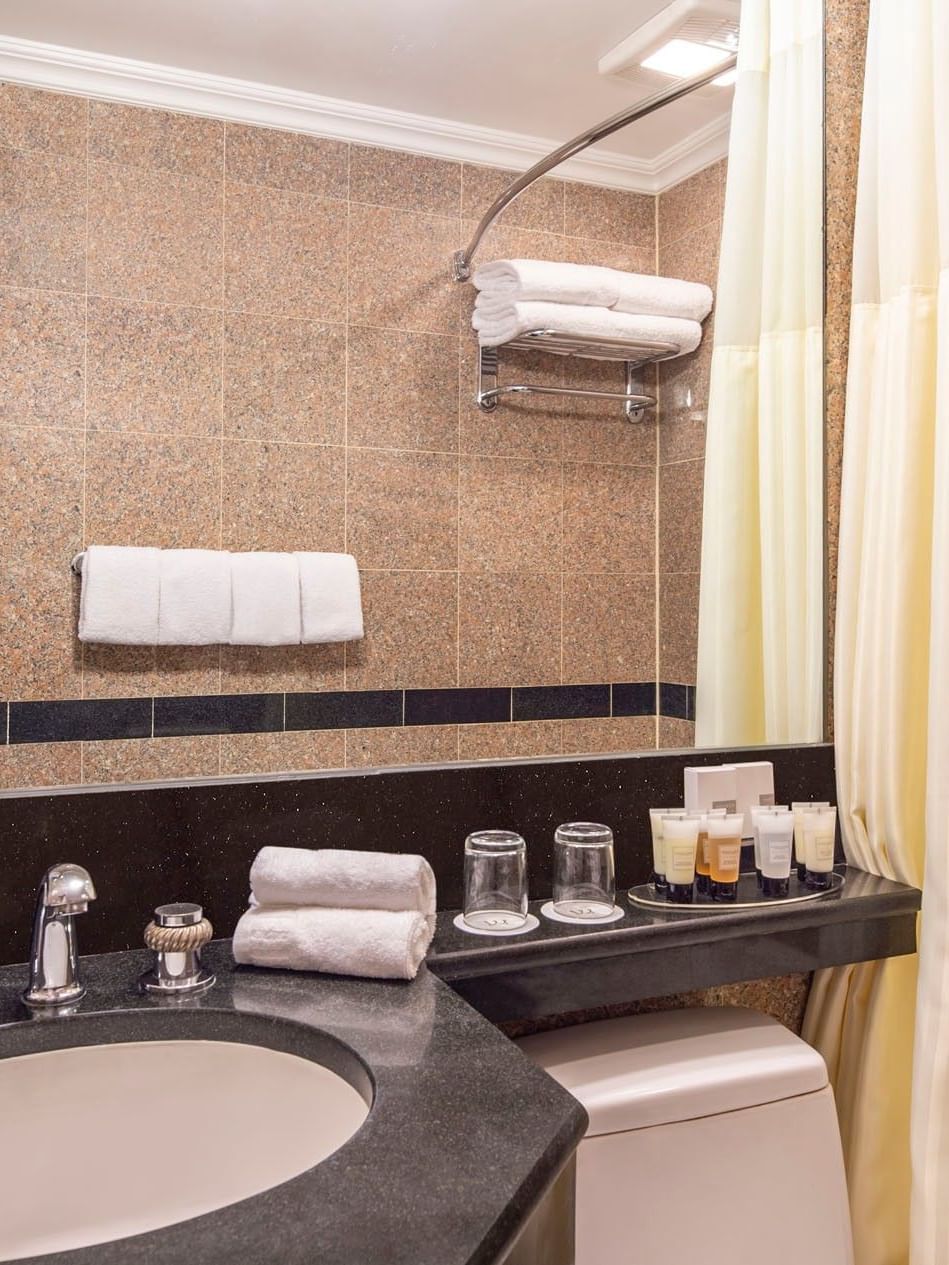 Granite Premier City View with Terrace bathroom vanity with a black counter & tissue box with towels at Warwick New York