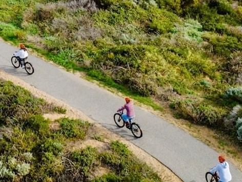 People ride bicycles along a path through a lush green landscape near The Sebel Mandurah
