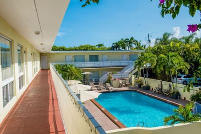 Balcony overlooking the outdoor pool area with arranged loungers at Ocean Lodge Boca Raton