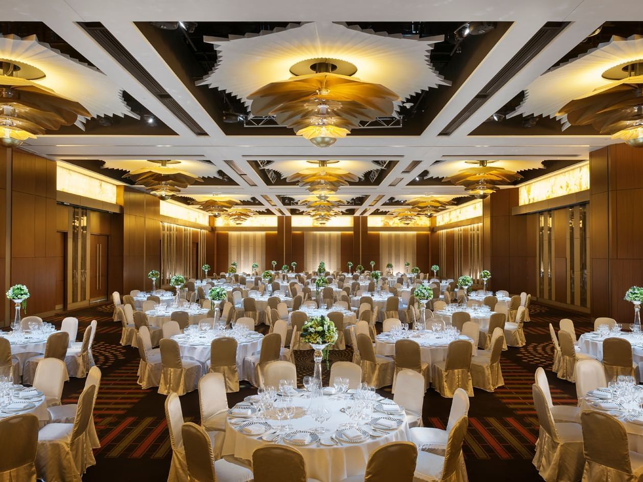 Decorated hall with round tables  at Crown Hotel Perth