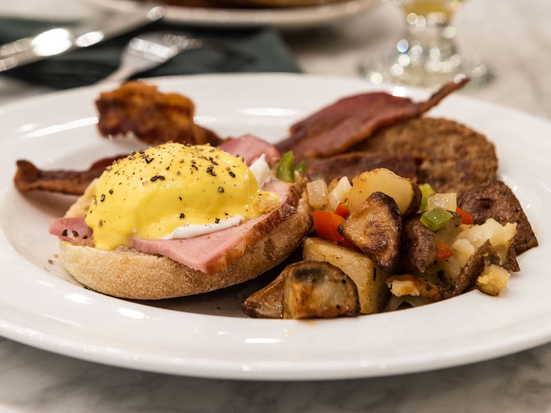 Close up of Eggs Benedict served in Café Metro at APA Hotel Woodbridge