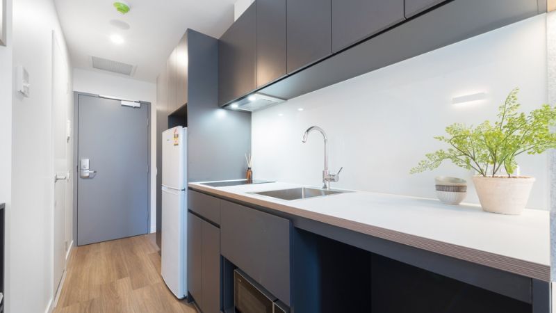 Modern kitchen with white countertops, sink, potted plant, and gray cabinetry in a studio apartment.