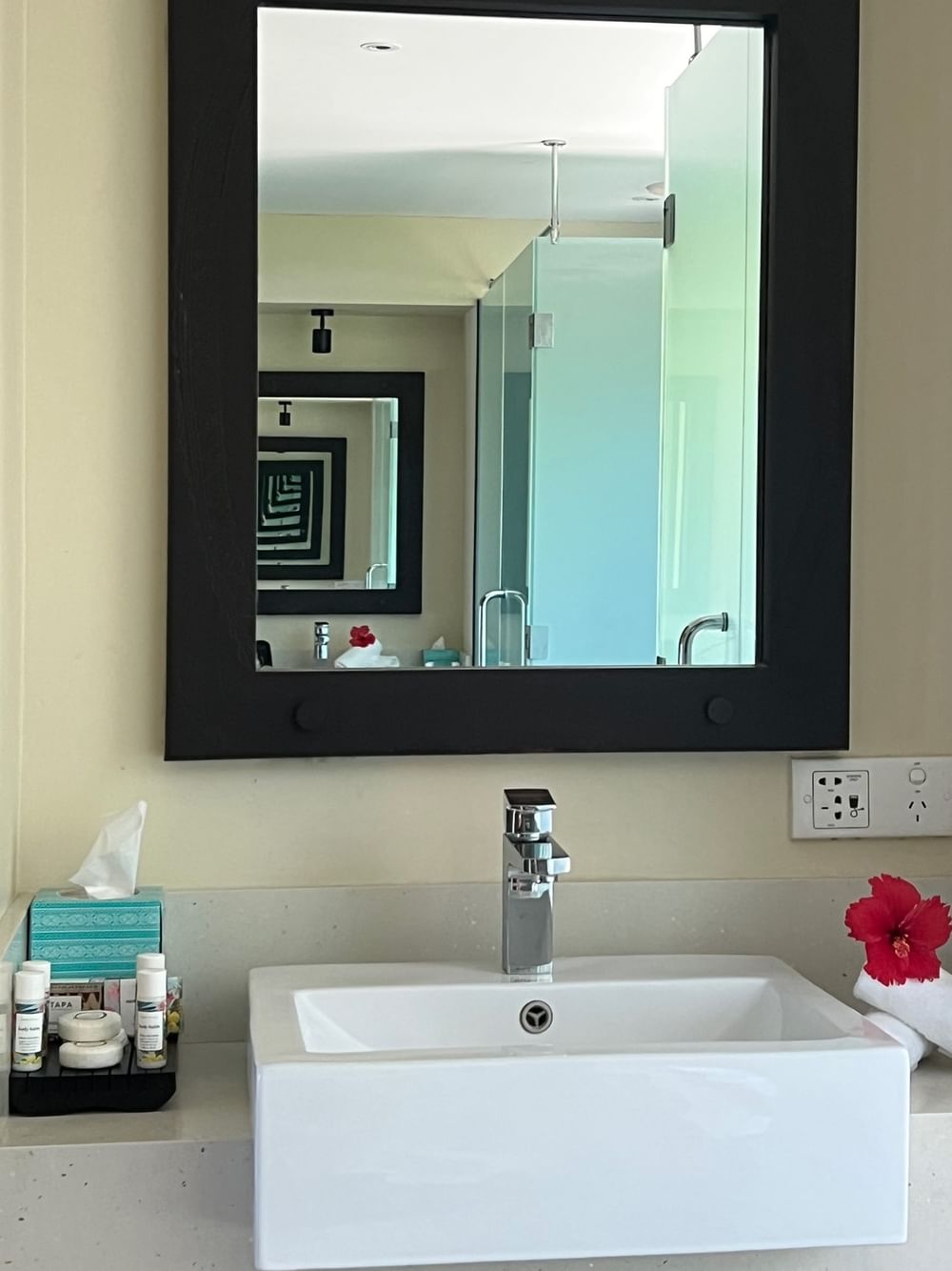 Bathroom sink and mirror in the Beach Front Bure with Plunge Pool at Tambua Sands Beach Resort Sigatoka.