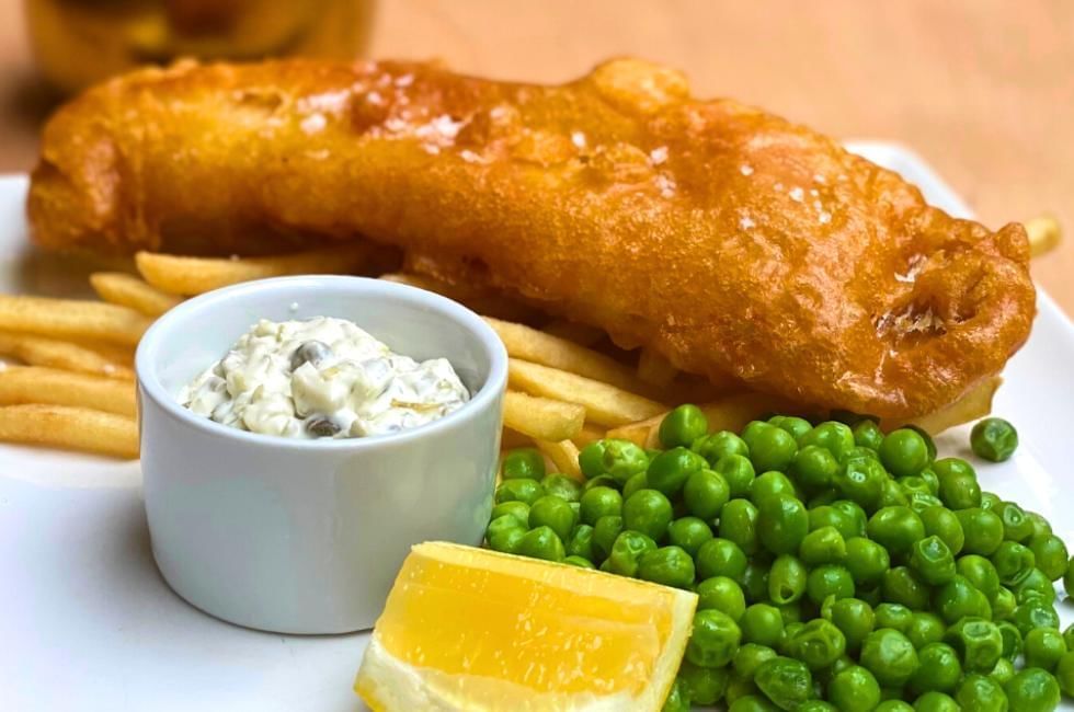 fish, chips and peas at villiers hotel in buckingham