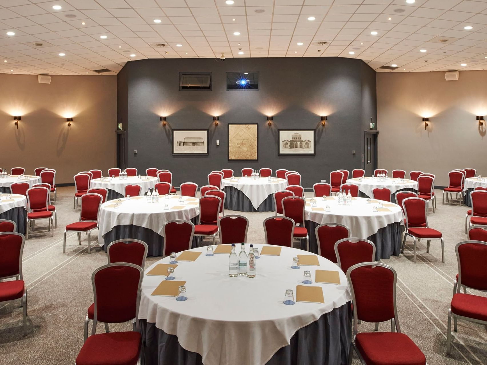 Cabaret set-up in Events Centre with ceiling decor, conference venues in York at The Milner York