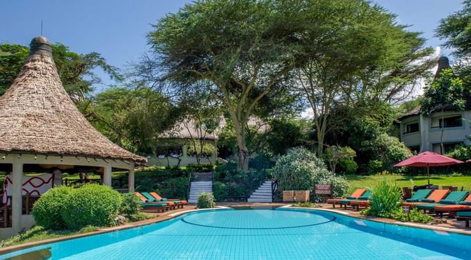 Sunbeds by the hotel pool at the Lake Manyara Serena Lodge