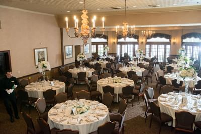 Banquet tables in ballroom hall at The Herrington Inn & Spa