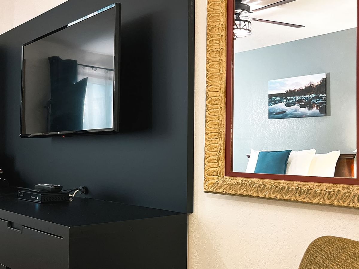 Room with TV, mirror, painting, and coffee maker