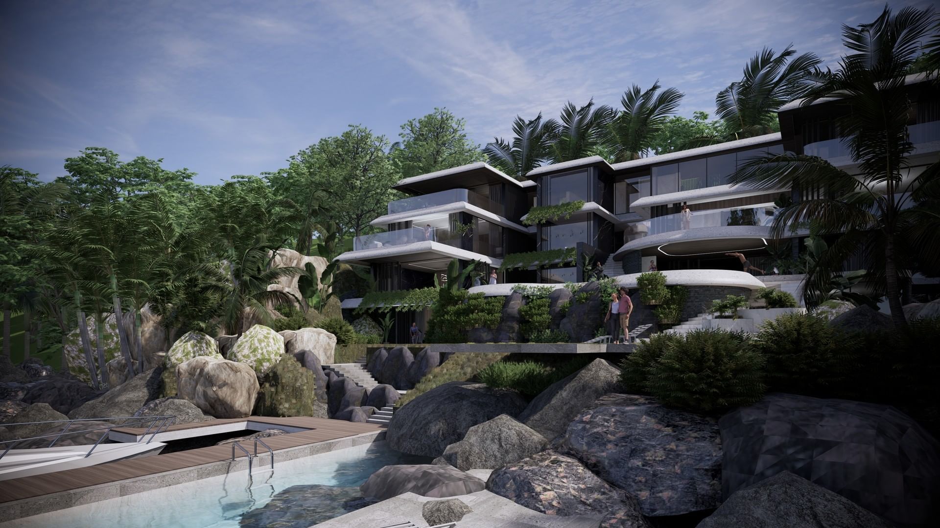 Exterior view of Assos Villa with multi-level design, glass balconies, and a lush green surrounding at A'ila Villas