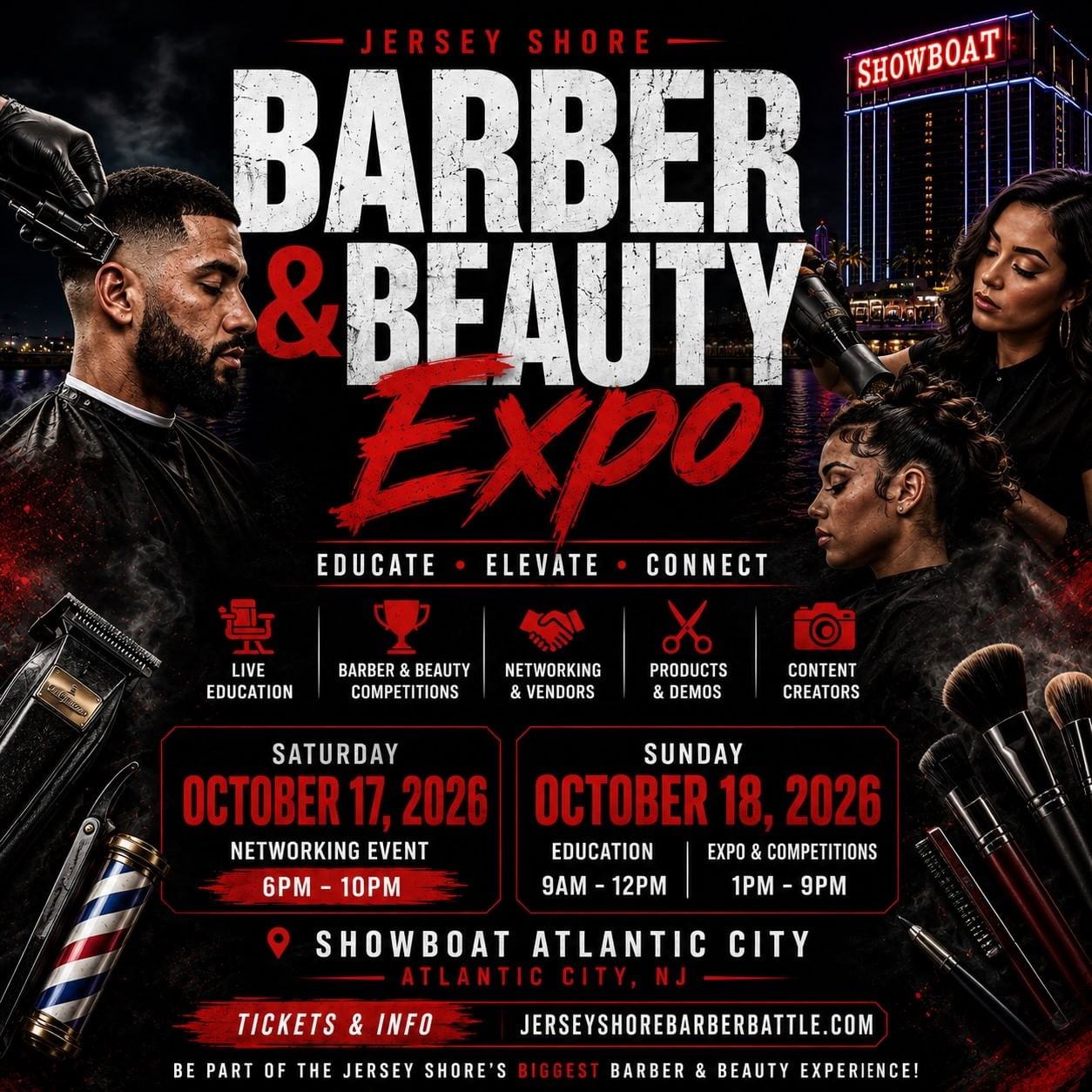 Promotional poster for Jersey Shore Barber & Beauty Expo featuring event details, dates, and images of barbers and stylists at work