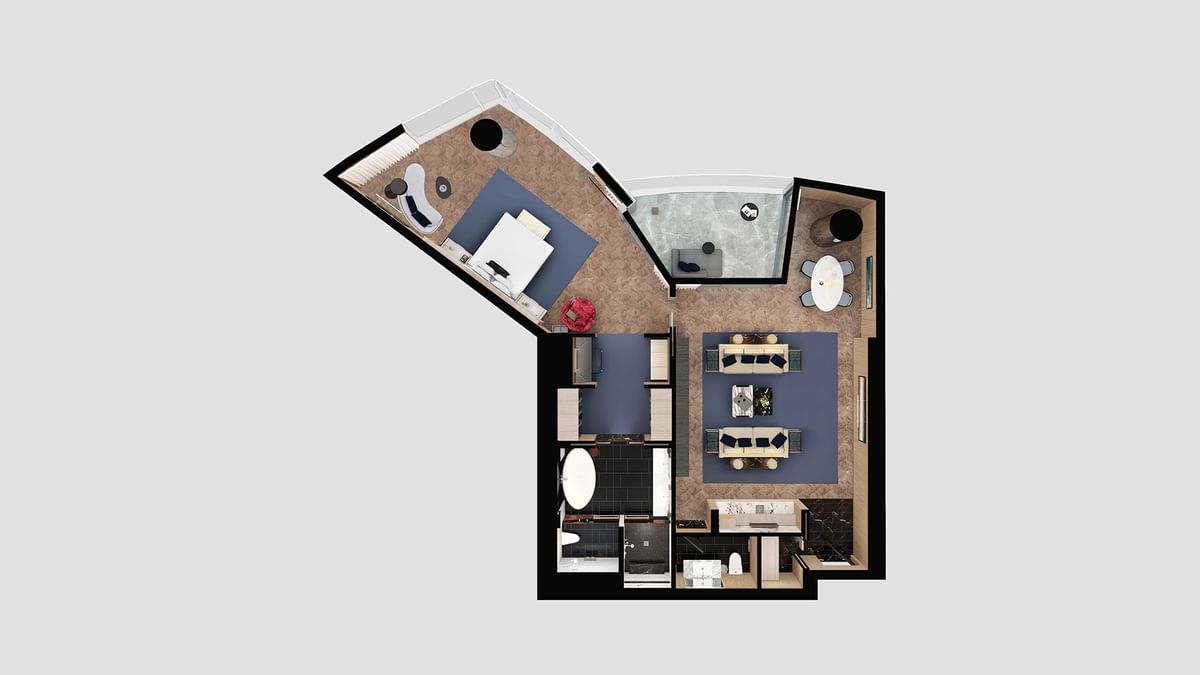 Top-down view of One Bedroom Crystal Villa floorplan used at Crown Hotels