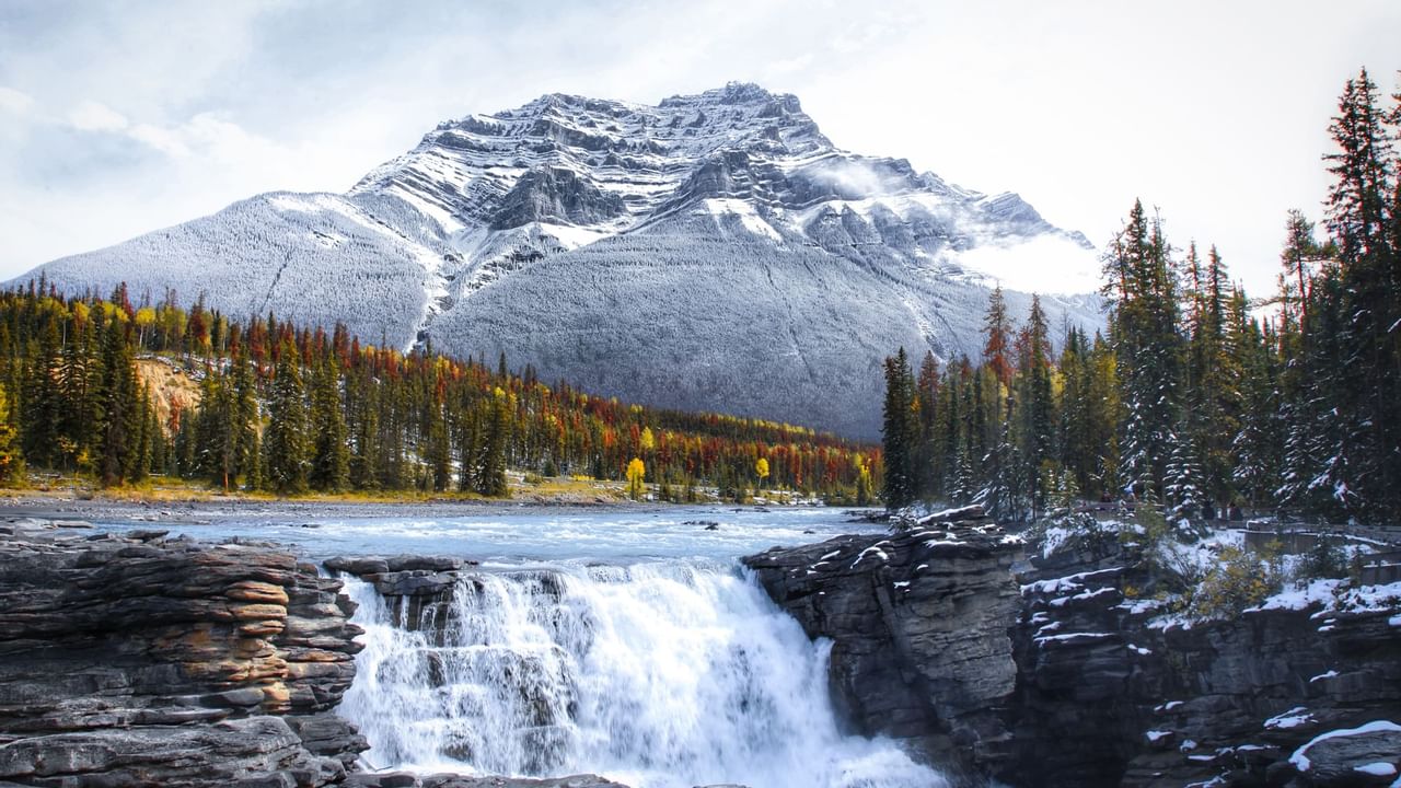 View of Athabasca Falls in fall