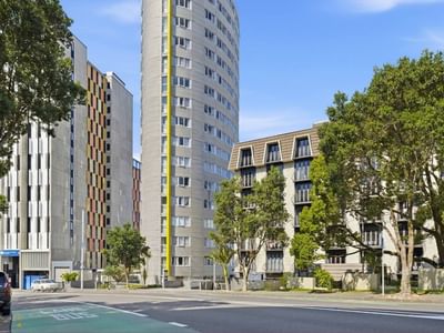 Street view of modern urban buildings with cars and trees at Student Living Auckland - Beach.