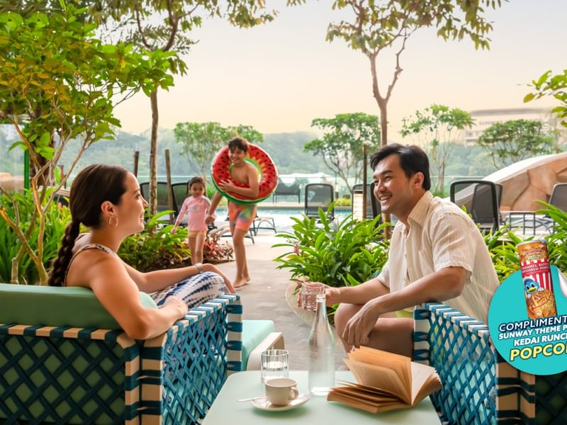Family relaxing at Waterventure in Sunway Resort Hotel during the holidays, and guests receive free popcorn