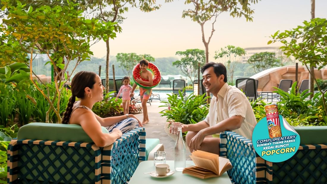 Family relaxing at Waterventure in Sunway Resort Hotel during the school holidays when they stay at Sunway Pyramid Hotel