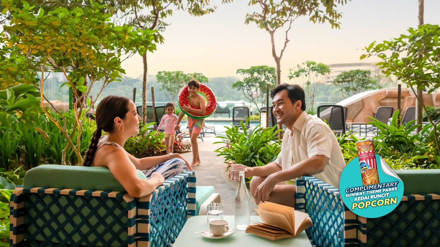 Family relaxing at Waterventure in Sunway Resort Hotel during the school holidays when they stay at Sunway Pyramid Hotel